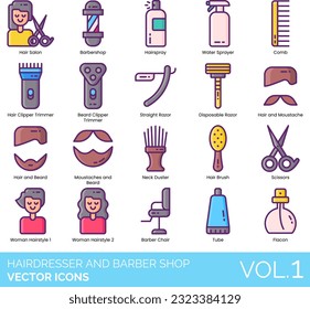 Hairdresser and Barber Shop Icons including Bald Cap Wig, Barber Chair, Barbershop, Barber's Pole, Beard Clipper Trimmer, Conditioner, Cream, Oil, Reshape, Styling
