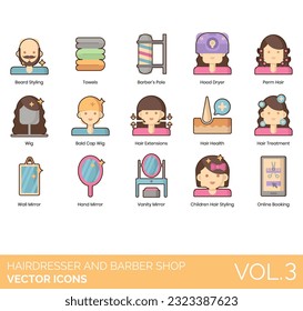 Hairdresser and Barber Shop Icons including Bald Cap Wig, Barber Chair, Barbershop, Barber's Pole, Beard Clipper Trimmer, Conditioner, Cream, Oil, Reshape, Styling