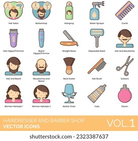 Hairdresser and Barber Shop Icons including Bald Cap Wig, Barber Chair, Barbershop, Barber's Pole, Beard Clipper Trimmer, Conditioner, Cream, Oil, Reshape, Styling