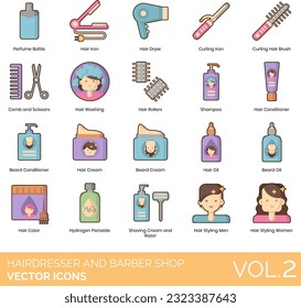 Hairdresser and Barber Shop Icons including Bald Cap Wig, Barber Chair, Barbershop, Barber's Pole, Beard Clipper Trimmer, Conditioner, Cream, Oil, Reshape, Styling