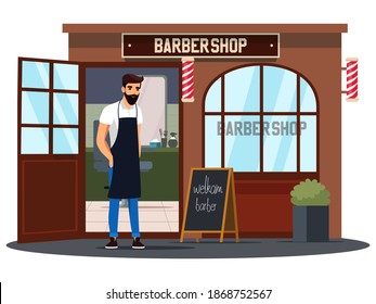 Hairdresser in barber shop. Small business open entrance vector illustration. Owner of hairdressing store standing and welcoming people inside. Local downtown market for haircuts.