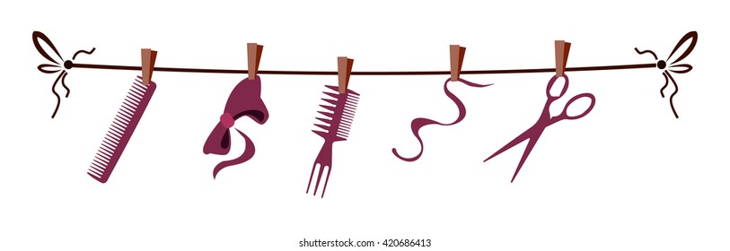 Hairdresser barber tools and accessories on rope for barbershop, salon interior, hipster haircut service, logo, icon. Web design template, concept for website banner and landing page elements layout