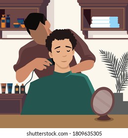 peluqueros haciendo cortes de pelo a clientes varones en la peluquería del salón de belleza masculino. Diseño interior de barbería con sillas, espejos, escritorio. Decoración y mobiliario. Ilustración vectorial plana