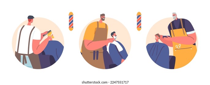 Hairdresser Barbers Serving Clients In Men Salon Isolated Round Icons. Male Characters Visit Barbershop for Haircut, Hairstyle and Shaving. Customers in Barber Shop. Cartoon People Vector Illustration