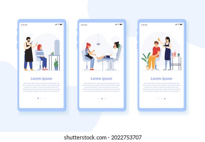 Hairdresser barbers vector mobile app set. Beauty salon for man and woman providing treatment. Fashion studio with foot pedicure, stylist doing haircut for clients interface, ui layout