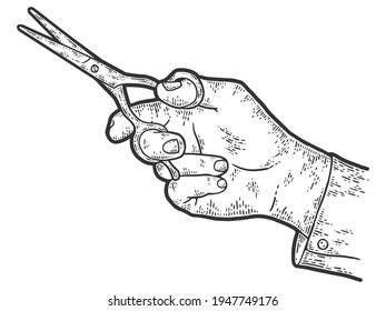 Hairdresser, barbershop. Barber hand holds professional scissors. Sketch scratch board imitation.
