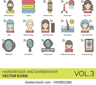 Hairdresser and barbershop icons including beard styling, towel, barber pole, hood dryer, perm, bald cap wig, hair extension, health, treatment, wall, hand, vanity mirror, children, online booking.