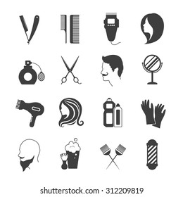 Hairdresser and beauty salon black and white icons set isolated vector illustration