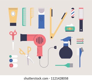 Hairdresser Beauty Tools Icon Flat Design Style Vector Graphic Illustration Set