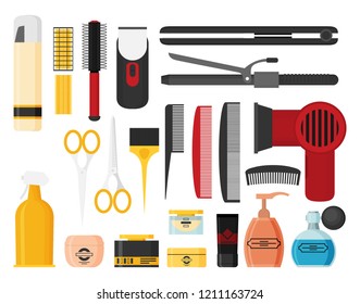 Hairdresser beauty tools icon flat design style vector graphic illustration set