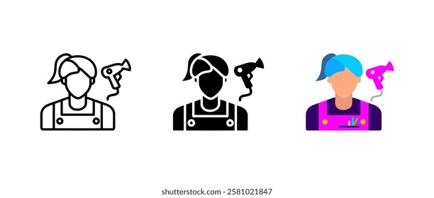 Hairdresser with blow dryer icon. Professional stylist sign. Beauty salon symbol. Barber pictogram. Hairstyling and grooming illustration.