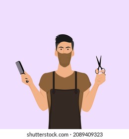 Hairdresser in a brown apron and holding scissors and a comb. 