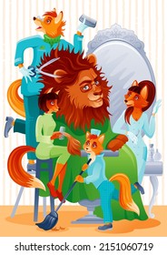 Hairdresser cartoon vector. Hair cut salon. Kid haircut illustration with fox barbers. Child vector of stylist job. Girl beauty profession cartoon. Happy kids beautician. Barbershop and Hairdresser
