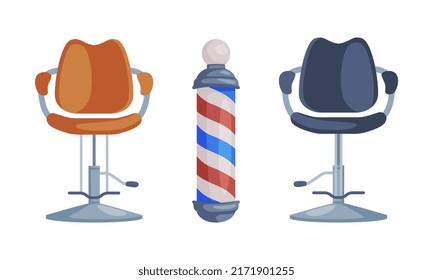 Hairdresser chair and bottle of shampoo. Professional hairdresser tools and barber supplies set. cartoon vector illustration