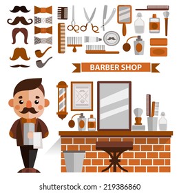 Hairdresser character, hairdresser workplace, equipment and tools in cartoon flat style. Barbershop vector illustration set.. Flat design. Barbershop.