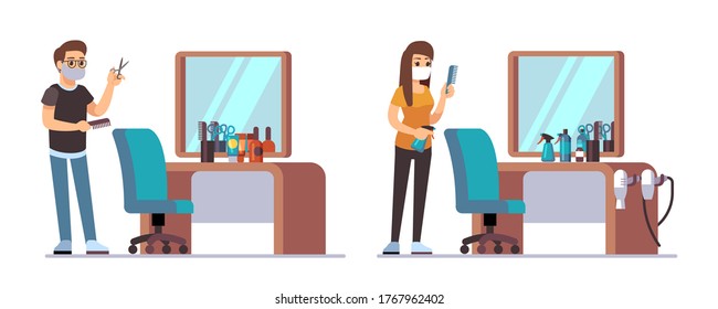 Hairdresser characters. Welcome to barbershop, male female barbers waiting customers. Cartoon isolated man woman stylists empty chairs, haircut accessories and mirrors vector illustration