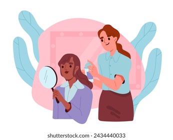 Hairdresser with client. Barber and stylist with young girl. Beauty procedures. Person look at mirror. Elegance and aesthetics. Cartoon flat vector illustration isolated on white background