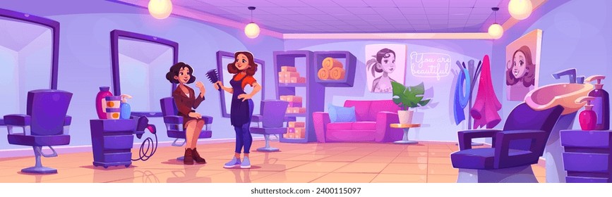 Hairdresser and client in beauty salon. Vector cartoon illustration of two women in large barbershop room with mirrors on wall, hair dye boxes and towels on shelf, dryer and shampoo bottles on drawer