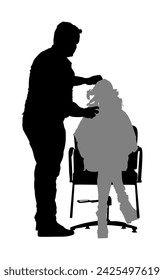 Hairdresser with client lady in beauty salon vector silhouette illustration isolated. Woman in barbers chair haircut by hair stylist. Hairstylist serving girl customer at barber shop. Scissors job.