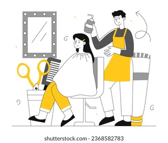 Hairdresser with client line concept. Man with spray near woman at chair. Fashion stylist with pretty young girl. Professional in barber shop with scissors and comb. Linear flat vector illustration