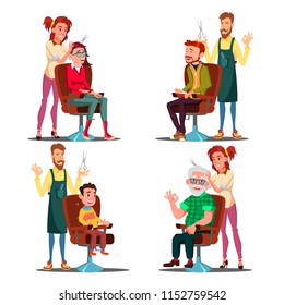 Hairdresser With Client Set Vector. Boy, Teen, Woman, Old Man. Professional Fashion Stylist. Service. Isolated Flat Cartoon Illustration
