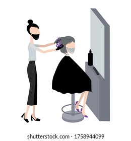 A hairdresser with a client.  The hairdresser is wearing masks and gloves. vector