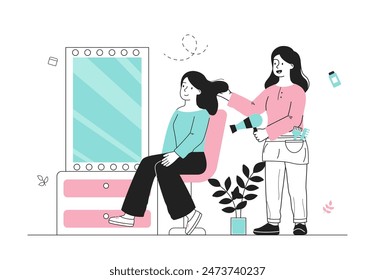 Peluquería con cliente. Mujer con secador de pelo con cliente. Tratamientos de belleza, estética y elegancia. Cliente en barbería. Ilustración vectorial plana lineal aislada sobre fondo blanco