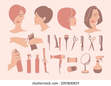 Colección de peluquería de estilo plano. Mujer con la cabeza cortada. Tijeras, cepillo, peine y secador de pelo. Ilustración vectorial.