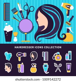 Hairdresser colored composition with elements of style and tools for barbershop and beauty salon vector illustration