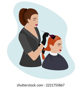 Hairdresser colorist at work. Hair coloring vector illustration. Employee and client. Working in a beauty salon. 