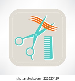 hairdresser comb and scissors cutting strand of hair on white background