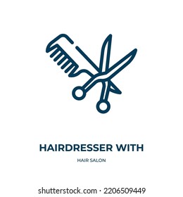 Hairdresser with comb and scissors icon. Linear vector illustration from hair salon collection. Outline hairdresser with comb and scissors icon vector. Thin line symbol for use on web and mobile apps,