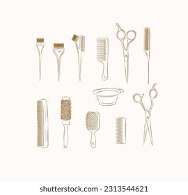 Hairdresser comb types and hair dye brushes collection drawing on brown background