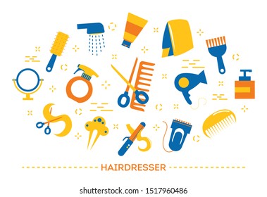 Hairdresser concept. Idea of hair care in salon. Scissors and brush, shampoo and haircut process. Set of colorful icons. Isolated flat illustration