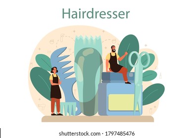 Hairdresser concept. Idea of hair care in salon. Scissors and brush, shampoo and haircut process. Hair treatment and styling. Isolated vector illustration