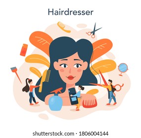 Hairdresser concept. Idea of hair care in salon. Scissors and brush, shampoo and haircut process. Hair treatment and styling. Isolated vector illustration