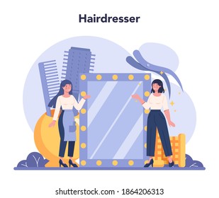 Hairdresser concept. Idea of hair care in salon. Scissors and brush, shampoo and haircut process. Hair coloring and styling. Isolated vector illustration