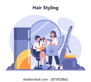 Hairdresser concept. Idea of hair care in salon. Scissors and brush, shampoo and haircut process. Hair coloring and styling. Isolated vector illustration