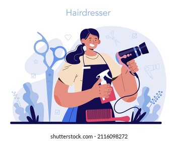 Hairdresser concept. Idea of hair care in salon. Scissors and brush, shampoo and haircut process. Hair coloring and styling. Isolated vector illustration