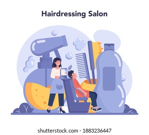 Hairdresser concept. Idea of men hair and beard care. Scissors and brush, shampoo and haircut process. Hair dressing and styling. Isolated flat illustration