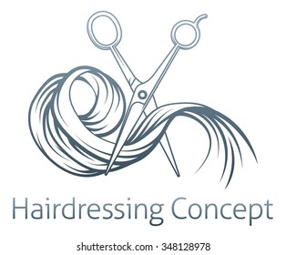 Hairdresser concept of a pair of hairdresser scissors cutting some hair