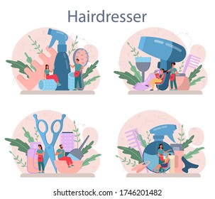 Hairdresser concept set. Idea of hair care in salon. Scissors and brush, shampoo and haircut process. Hair treatment and styling. Isolated vector illustration