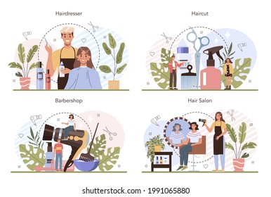 Hairdresser concept set. Idea of hair care in salon. Scissors and brush, shampoo and haircut process. Hair coloring and styling. Isolated vector illustration