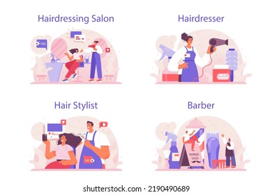 Conjunto de conceptos de peluquería. Idea de cuidado del pelo en salón con equipo profesional, champú y tratamiento. Barber haciendo coloreo y estilismo de pelo. Ilustración vectorial plana