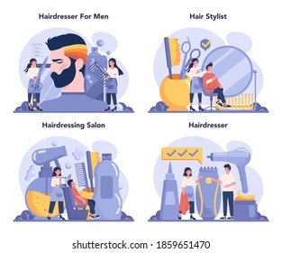 Hairdresser concept set. Idea of men hair and beard care. Scissors and brush, shampoo and haircut process. Hair dressing and styling. Isolated flat illustration