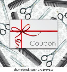 Hairdresser coupon with scissors and combs on the white background with ornaments. Eps 10 vector file.