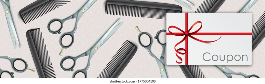 Hairdresser Coupon with tools on the background with ornaments. Eps 10 vector file.