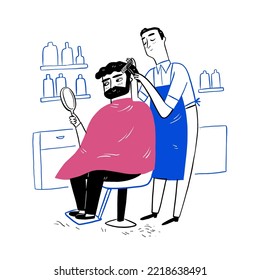 Hairdresser with customer in barber shop. Hand drawn vector illustration doodle style.
