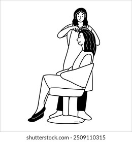 Cabeleireiro corta o cabelo do cliente, desenho à mão ilustração
