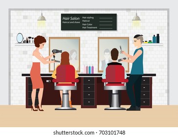 Hairdresser Cuts Customers Hair In The Beauty Salon. Hair Salon Interior. Vector Illustration.
